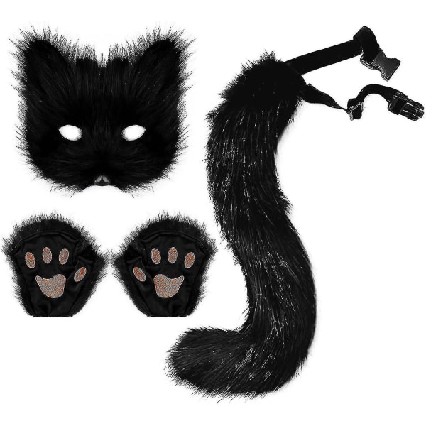 Kunstpels Rævehale Kat Ulv Cosplay Kostume Sæt Plys Mask Fluffy Paw Handsker Halloween Jul Black