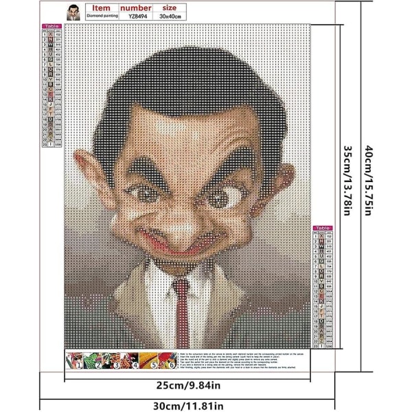 30x40cm DIY-timanttimaalaus pyöreä elokuva-anime, aikuisille strassitimantti taideaskartelu, timanttikirjonta ristipisto täysi kangaspakkaus-- Mr. Bean