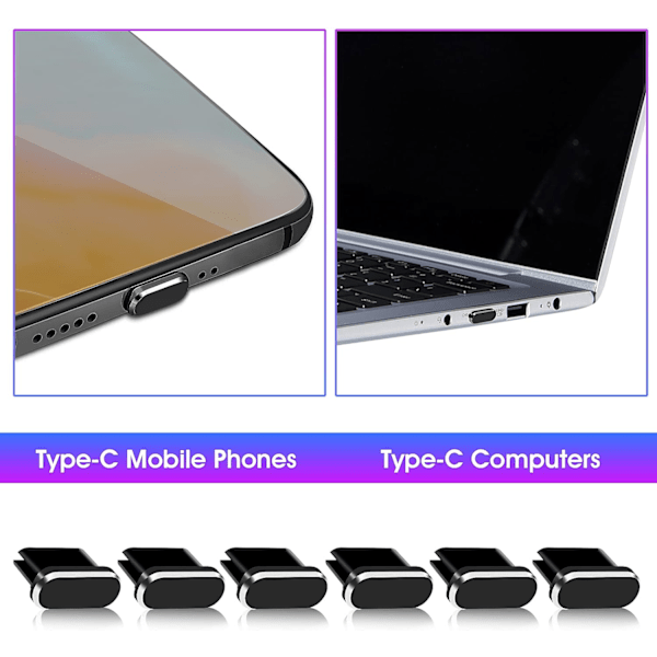 Typ C dammpluggset, 6 stycken dammskydd för USB C-laddningsport i aluminiumlegering, lämplig för smarttelefon, bärbar dator (svart)