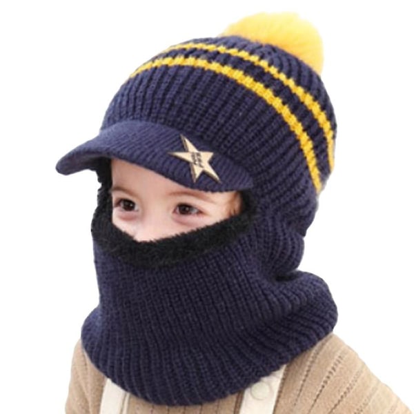 Barn Pojkar Flickor Balaclava Cap Scarf Fleece Cap Pom Ski Beanie Hattar Navy