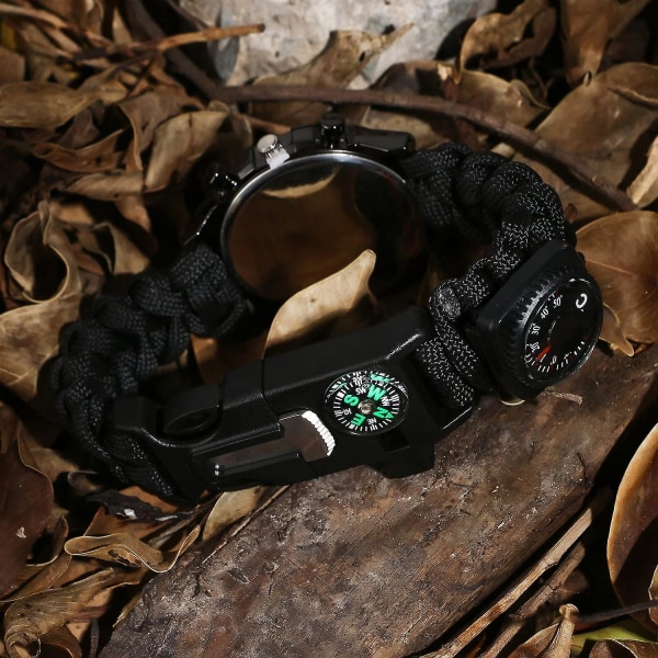 Survival Paracord Emergency Survival Armband, män & kvinnor med klocka/vissla/brandstartare/skrapa/kompass och termometer, 6 i 1 multifunktionell ut