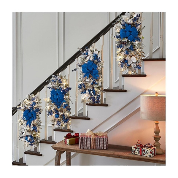Trådløs Prelit Stairway Swag Trim Lights Up Christmas Trappe Decoration Led Wreath Prelit Stairway Swag Trim Garland U Blue