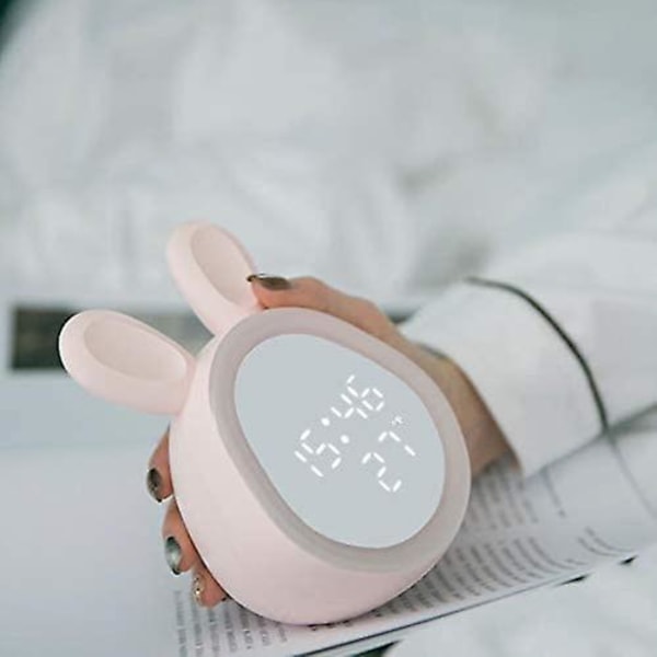 Vækkeure til soveværelser med snooze og natlys, digitalt vækkeur med termometer, justerbar lydstyrke og lysstyrke, pink, kaninformet