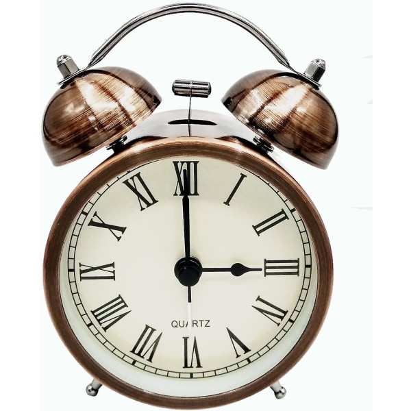 Retro stille, ikke-tikkende reisevekkerklokke, analog Quartz Twin Bell Clock, batteridrevet (3 tommer)