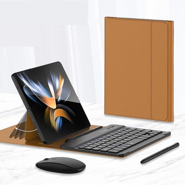 For Samsung Galaxy Z Fold 4 / Fold 3 Fold Phone Creative Stand Bt Mouse Stylus Pen Kit Trådløst tastatur sammenleggbart lærveske