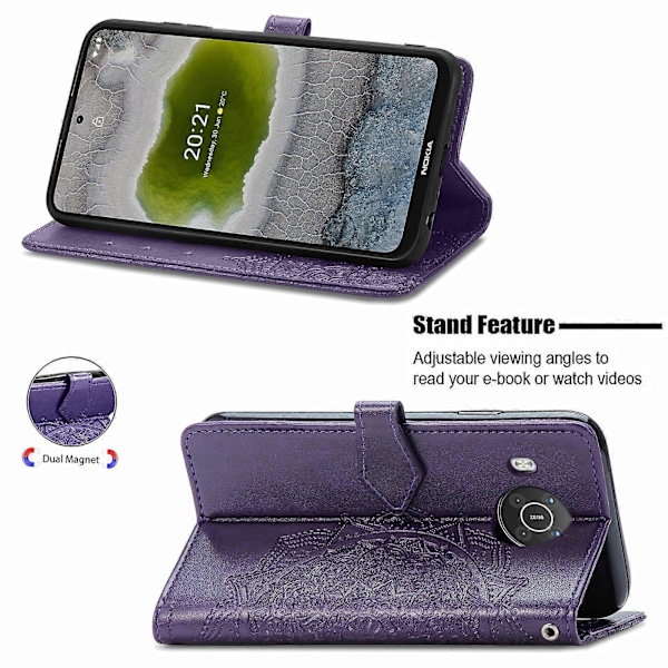 Nokia X10 Mandala Kukka Kohokuvioitu Vaakasuuntainen Käännettävä Nahkakotelo Jalustalla / Korttipaikalla / Lompakolla / Nauhalla Purple
