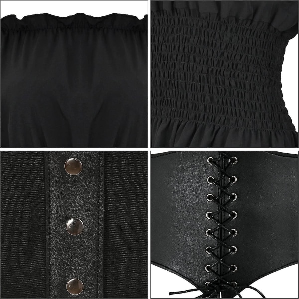 Renaissance bluse for kvinner Korsett midjebelte Middelaldersk viktoriansk off-skulder langermet skjorte Pirate Cosplay kostymer Black X-Small