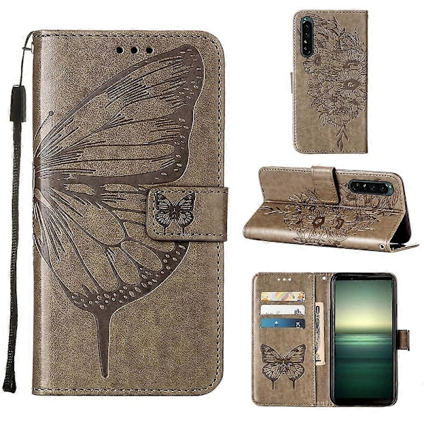 Til Sony Xperia 1 IV Præget Sommerfugl Læder Telefon Cover Grey