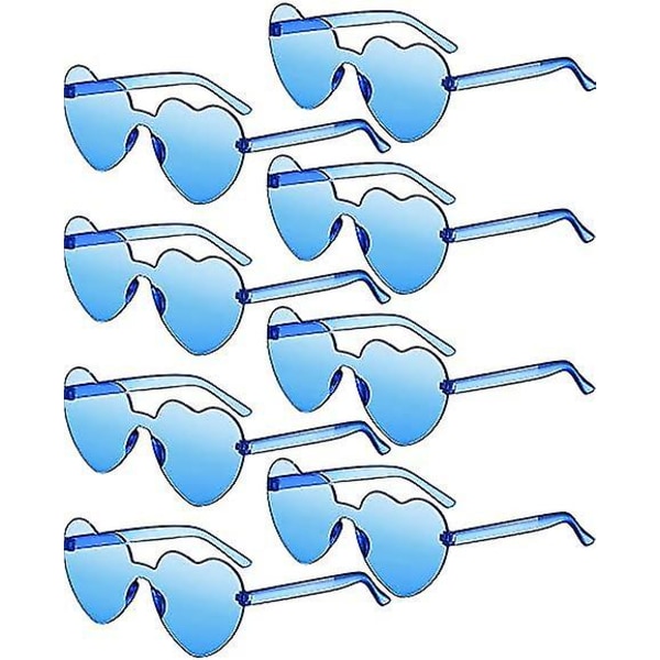 8 par indfattede solbriller Hjerteformede rammeløse briller Trendy gennemsigtige slikfarvede briller til festen (blå)