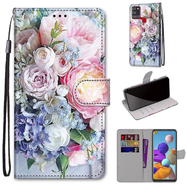 Uusi case , joka on yhteensopiva Samsung Galaxy A21s Creative Pattern Tui -magneettikorttikotelon lompakon kanssa - Kukkakimppu