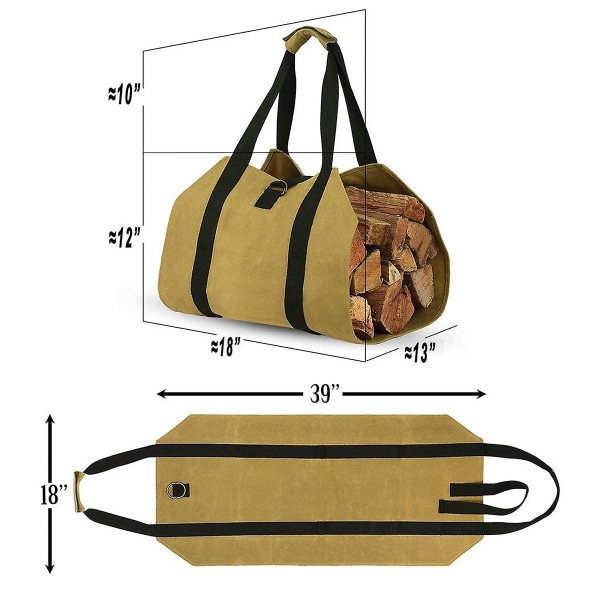 Stor bæretaske i lærredsbjælker (khaki), kraftig voksbehandlet pejs Brænde mulepose til indendørs brændeovne og udendørs camping