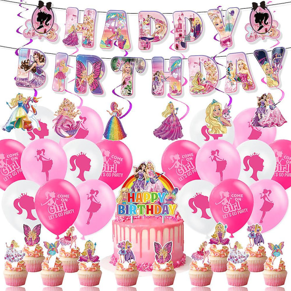 Barbie-tema Gratulerer med dagen Party rekvisita Ballonger Sett Banner Cupcake Cake Toppers Sett dekorasjon