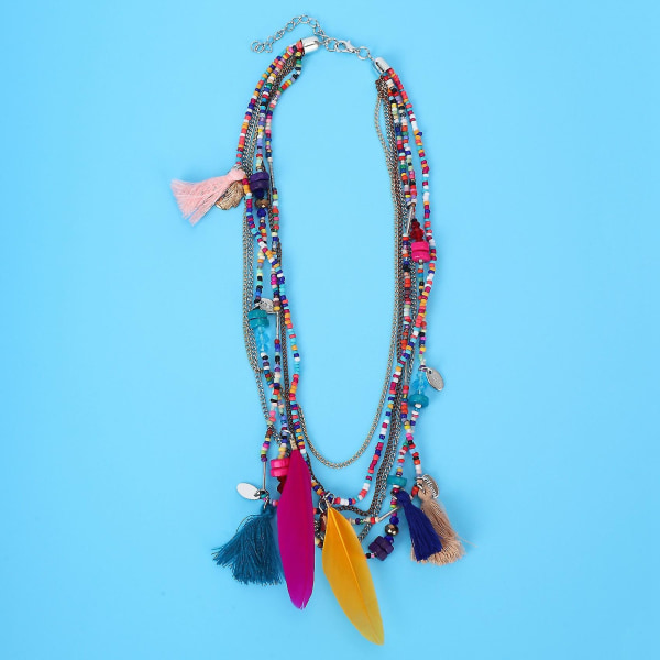 Elegant kvinnors etnisk stil Fjädrar Tofsar Pärlor Flerlagers Kedja Halsband Present Multicolor-haoyi