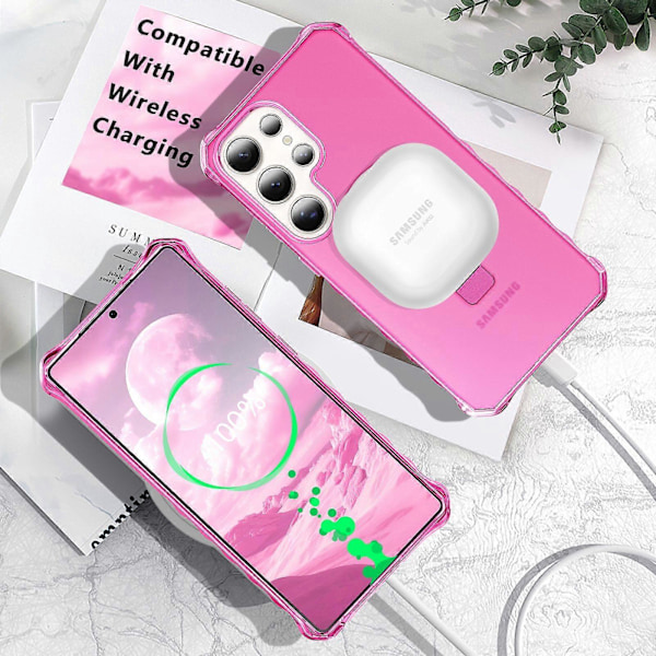 Yhteensopiva Samsung Galaxy S25 Ultra -kotelon kanssa, jossa magneettirengastuki, täysi kameran linssinsuojus - Violetti Rose Red