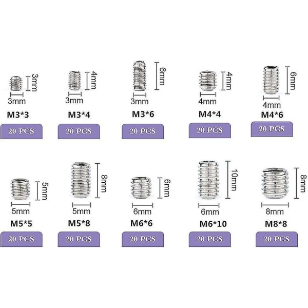 M3 M4 M5 M6 M8 sekskantet fatningssæt skruer 200 stk., sæt diverse sæt skruer sæt rustfrit stål sekskantet sæt