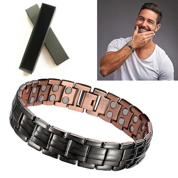 1 stk. Kobber Magnetisk Armbånd til Mænd mod Gigt Smerter Elegant Massivt Kobber Armbånd med Dobbelt Række Stærke Magneter, Bronze Sort Dobbelt Række