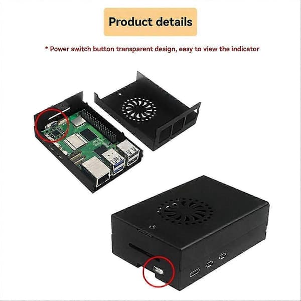Metalkabinet til Raspberry Pi 5, skal af aluminiumslegering med aktiv køler og køleventilator køleplade Black