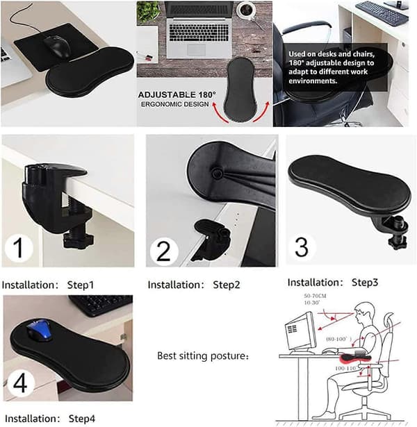 Justerbar sort computerhåndholder, håndledsstøtte til computerbord, 180 justerbar, afslapper muskler (LBH, 29138,5 cm)