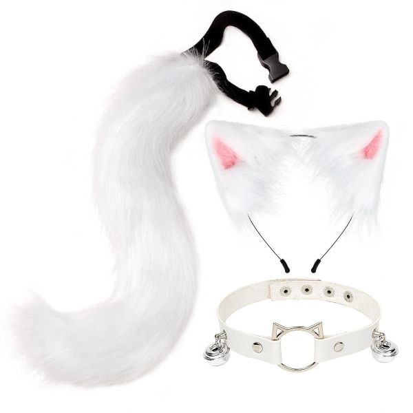 3 stk Cosplay Cat Cute Ears Pannebånd Furry Fox Tail Bell Neck Choker Set Leker White