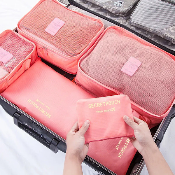 Stort 6-pak Rejse Tøj Organizer Opbevaringspose Garderobe Kuffert Taske Rejse Organizer Sko Pakke Cube Taske rose red