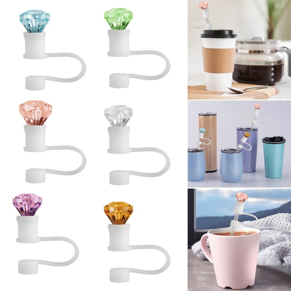 6 stk. Sugerrørdeksel, bærbar gjenbrukbar Rhinestone-formet Sugerrørslokk Støvtette Silikon Sugerrørbeskyttere for Hjemmefest Bar