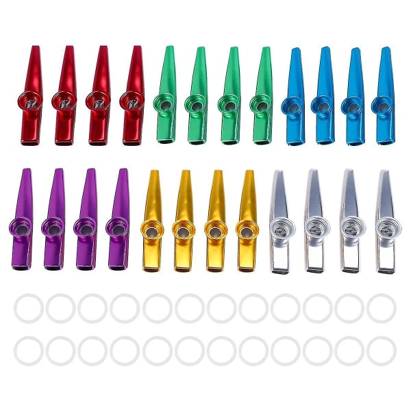 24-Pack Metal Kazoos med 24 stk fløytemembraner 6 farger, bra for ukulele, fiolin, gitar, piano