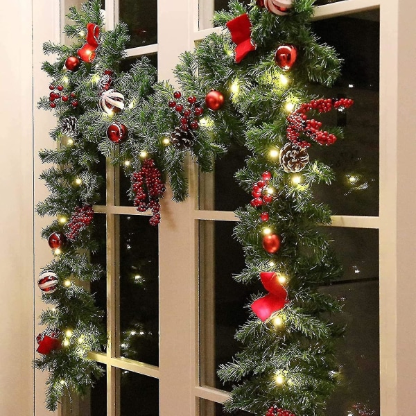 5.92 Ft Led julekrans med furukongler Røde bærsløyfer Juleballer Godteri, multifunksjons julekrans med 30 varmehvite LED-lys