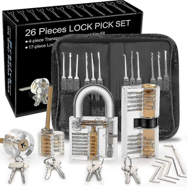 Låsplocksats, 25-delad låsplocksats, övningsverktyg med 3 genomskinliga lås