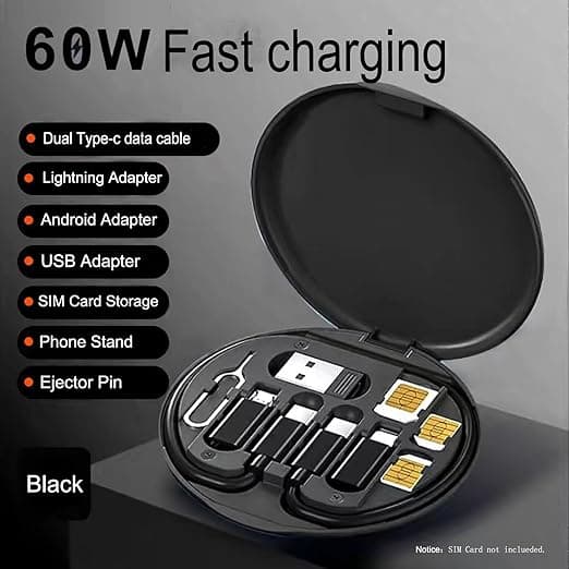 Multifunksjonell datakabel oppbevaringsboksadapter for iOS-enheter, USB-C og Micro-USB-enheter Universell dataoverføringskabel (svart)