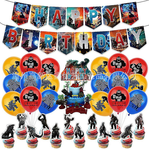 Godzilla Vs Kong Tema Bursdagsfest Dekor Ballong Banner Kake Topper Sett