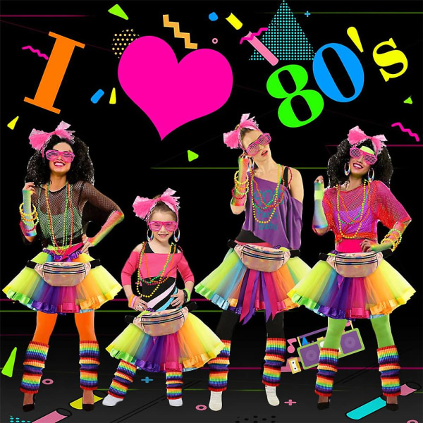 Kvinner 80-talls Fancy Dress Tilbehør Retro Festkostymesett Tutu-skjørt Neon Fishnet Hansker Brille Bum Bag Beaded Halskjede Armbånd Multicolour