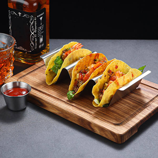 Ruostumattomasta teräksestä valmistettu taco-teline tarttumaton uudelleenkäytettävä pannukakkuteline, johon mahtuu jopa 3 tacoa, astianpesukoneen ja mikroaaltouunin kestävä burrito-teline, keittiön leivontatarvike