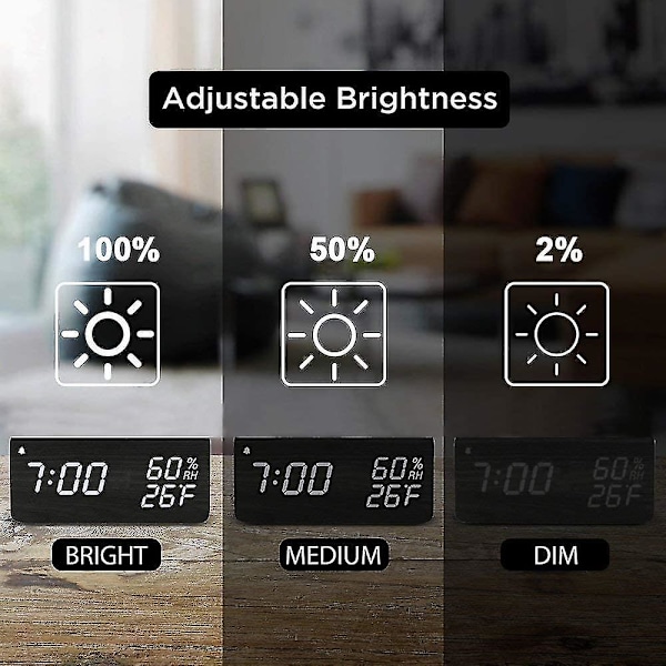 Digital vækkeur med trædesign og LED-display, 3 alarmindstillinger