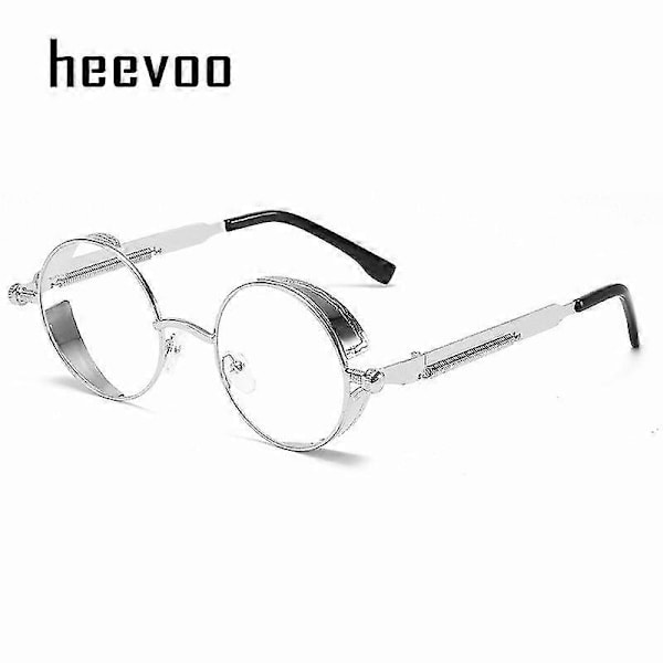 Metalliset Steampunk-aurinkolasit Miehet Naiset Muoti Pyöreät Lasit Merkki Suunnittelija Vintage Aurinkolasit Korkealaatuiset Oculos De Sol 2023 Silver Clear 1 pcs
