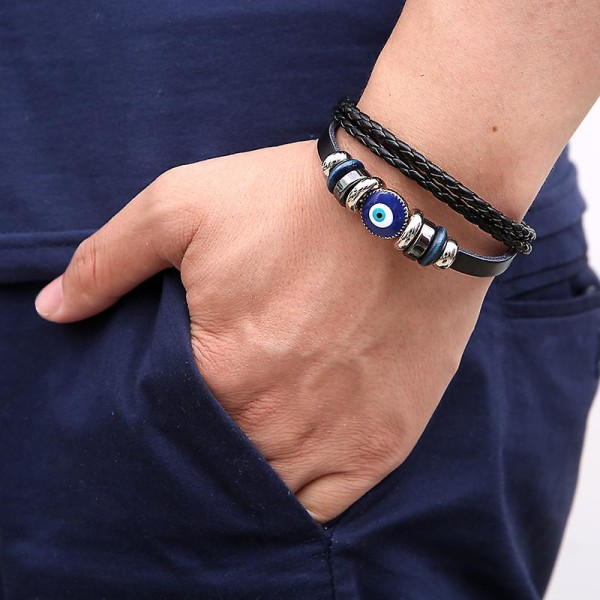 Multi-Layer Evil Eye Læder Armbånd til Mænd Etnisk Armbånd Vævet Læder Armbånd Armbånd Beskyttelse Smykker