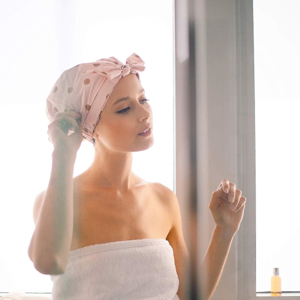 Lyxig cap för kvinnor, vattentäta badmössor med bowknot, återanvändbar duschpresent Blush Dot