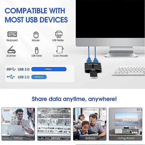 USB 3.0 Switch KVM-switch 5 Gbps 2 ind 1 ud USB-switch USB 3.0 Tovejsdeler til printer K