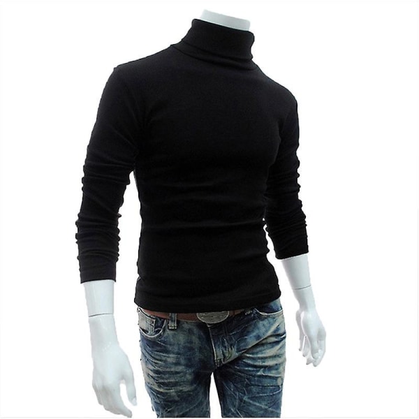 Mænd Polo Roll Turtle Neck Pullover Strikket Jumper Toppe Sweater Shirt Black L