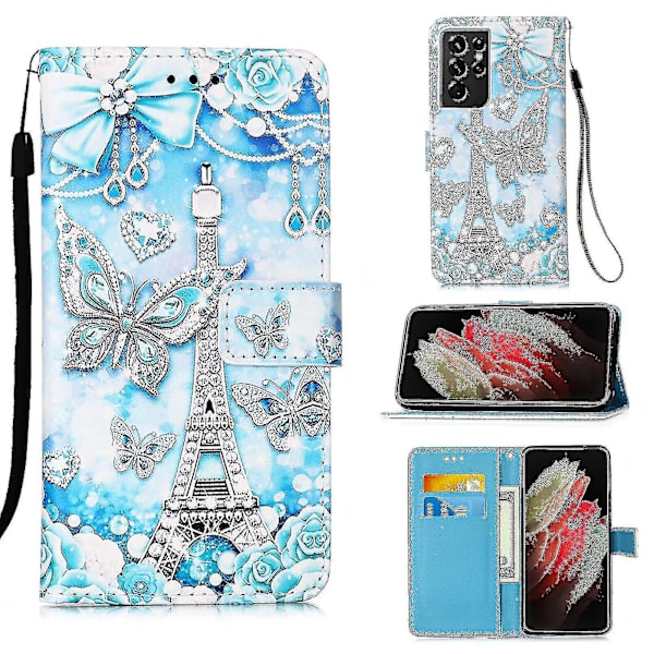Kompatibel med Samsung Galaxy S21 Ultra Etui Læder Flip Wallet Cover med Kort Slot Holder Støttefod Mønster - Tårn Sommerfugl