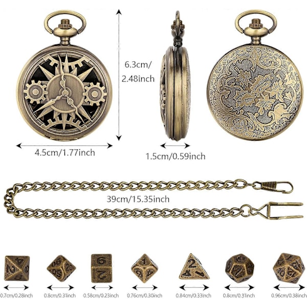 Mini DND Terningesæt med Steampunk Bronze Hul Etui til Lommeur, 7 stk. Polyhedral Metal Terningesæt, Dungeons and Dragons Gaver