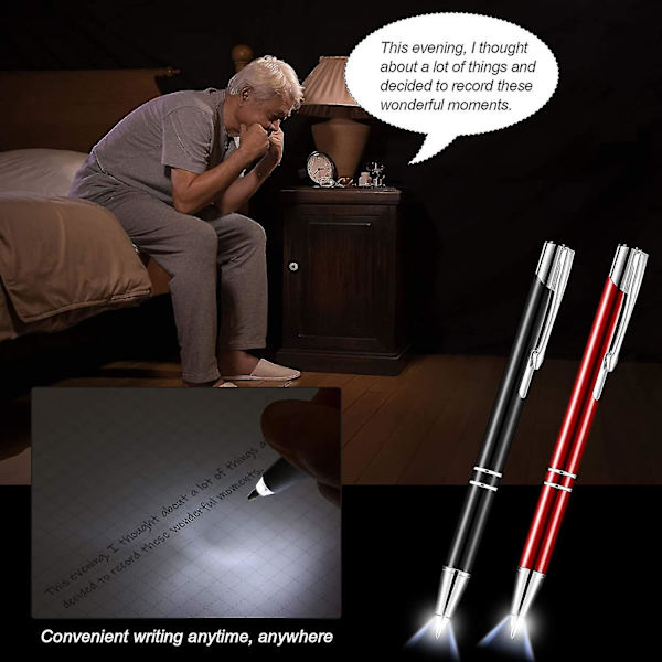 4 stk. lysende kuglepen med LED-lys, kuglepen med LED-lommelygte, lysende pen til at skrive i mørke (sort og rød)