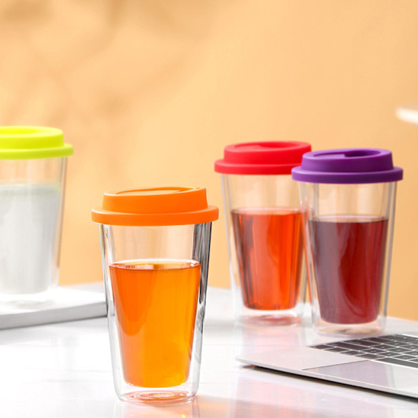 350ML Dubbelväggigt Glas med Silikonlock Isolerad Tumbler Rese Mugg för Varma och Kalla Drycker Te Mjölk Högt Borosilikatglas Kopp Kaffemugg Red