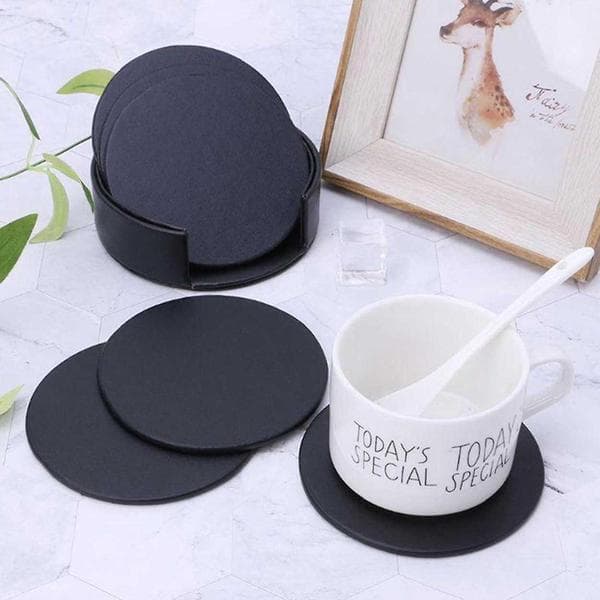 6-pak vendbare coasters i sort PU-læder med holder sort