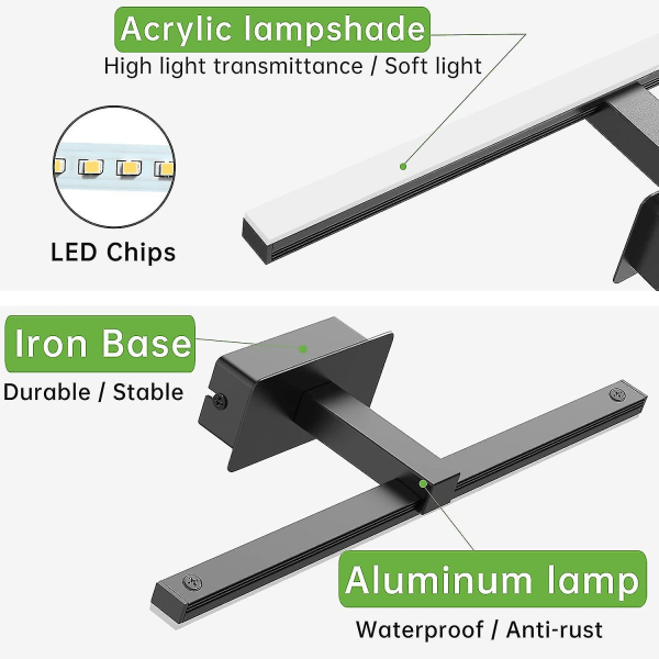 Led Spegellampor 9w, Badrumsspegellampa Kall Vit 6000k Spegel Frontbelysning 40cm Badrumsskåpsbelysning 720lm Led Spegel Vägglampa Svart För