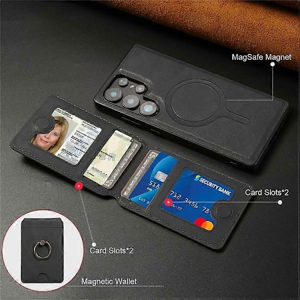 Yhteensopiva Samsung Galaxy S23 Ultra Magneettikotelo PC + PU Puhelimen Takakuori Irrotettavalla Korttipidikkeellä Black