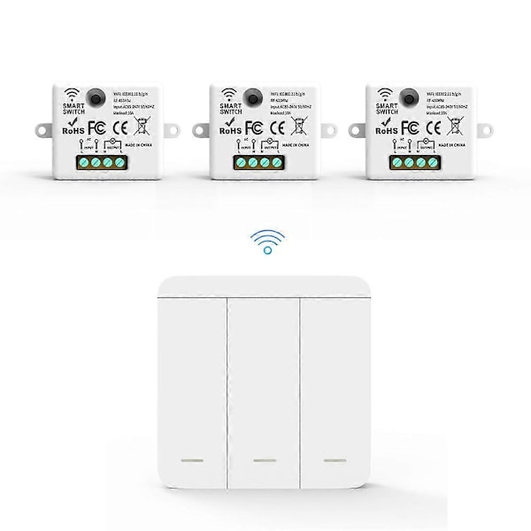 3 KPL Langaton Valokytkin RF 433Mhz Rele Vastaanotin 1x 3-osainen Paneelikytkin LED Kaukosäätimellä LED-lampulle White