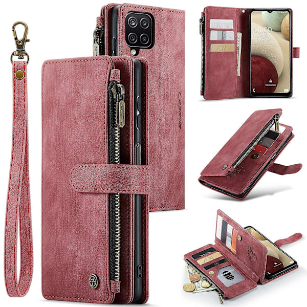 Samsung Galaxy A12 CaseMe-C30 PU + TPU Monitoiminen Vaakasuuntainen Käännettävä Nahkakotelo Pidikkeellä, Korttipaikalla, Lompakolla ja Vetoketjutaskulla Red
