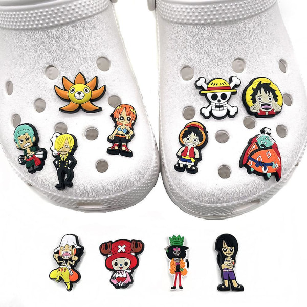 12st Anime Shoe Charms Skodekoration One Piece Shoes Berlocks För gör-det-själv Croc Clog Sandaler Armband Armband Dekoration Tillbehör Party Favor
