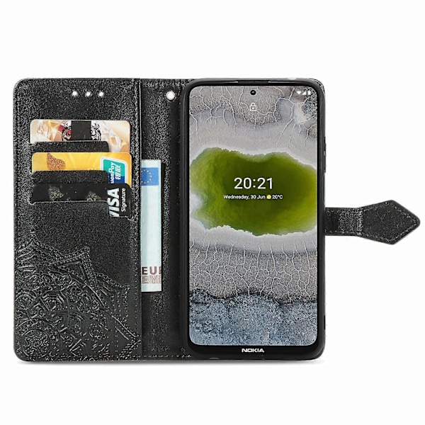 Nokia X10 Mandala Kukka Kohokuvioitu Vaakasuuntainen Käännettävä Nahkakotelo Jalustalla / Korttipaikalla / Lompakolla / Nauhalla Black