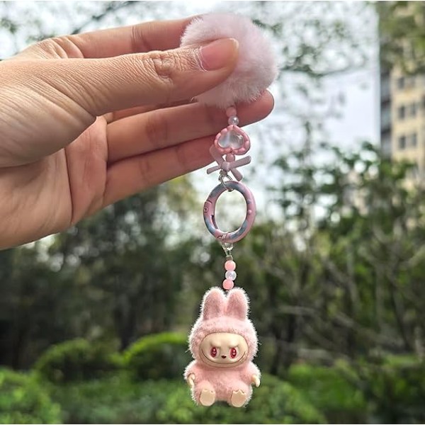 Labubu Macaron Monster Nøkkelring Den Spennende Monster Macarons Vinyl Ansikt Plysj Nøkkelringer Kunst Samleobjekter Leker Gaver Pink